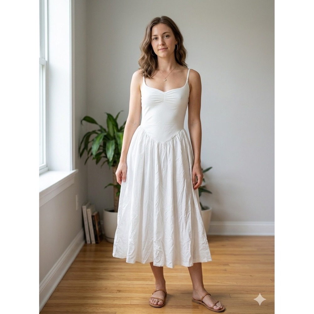 CHYRII Women Cream Mixed Media Midi Dress Adjustable Straps Size M NEW